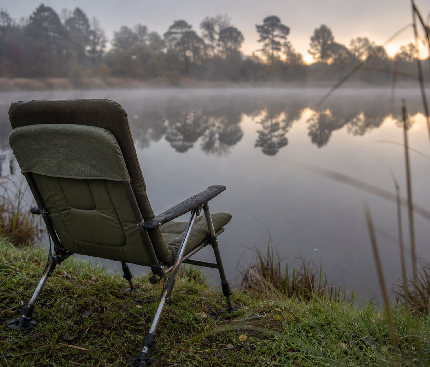A padded fishing chair set up on a grassy bank beside a still lake