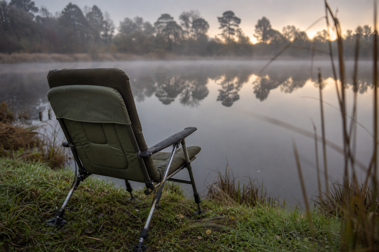 A padded fishing chair set up on a grassy bank beside a still lake