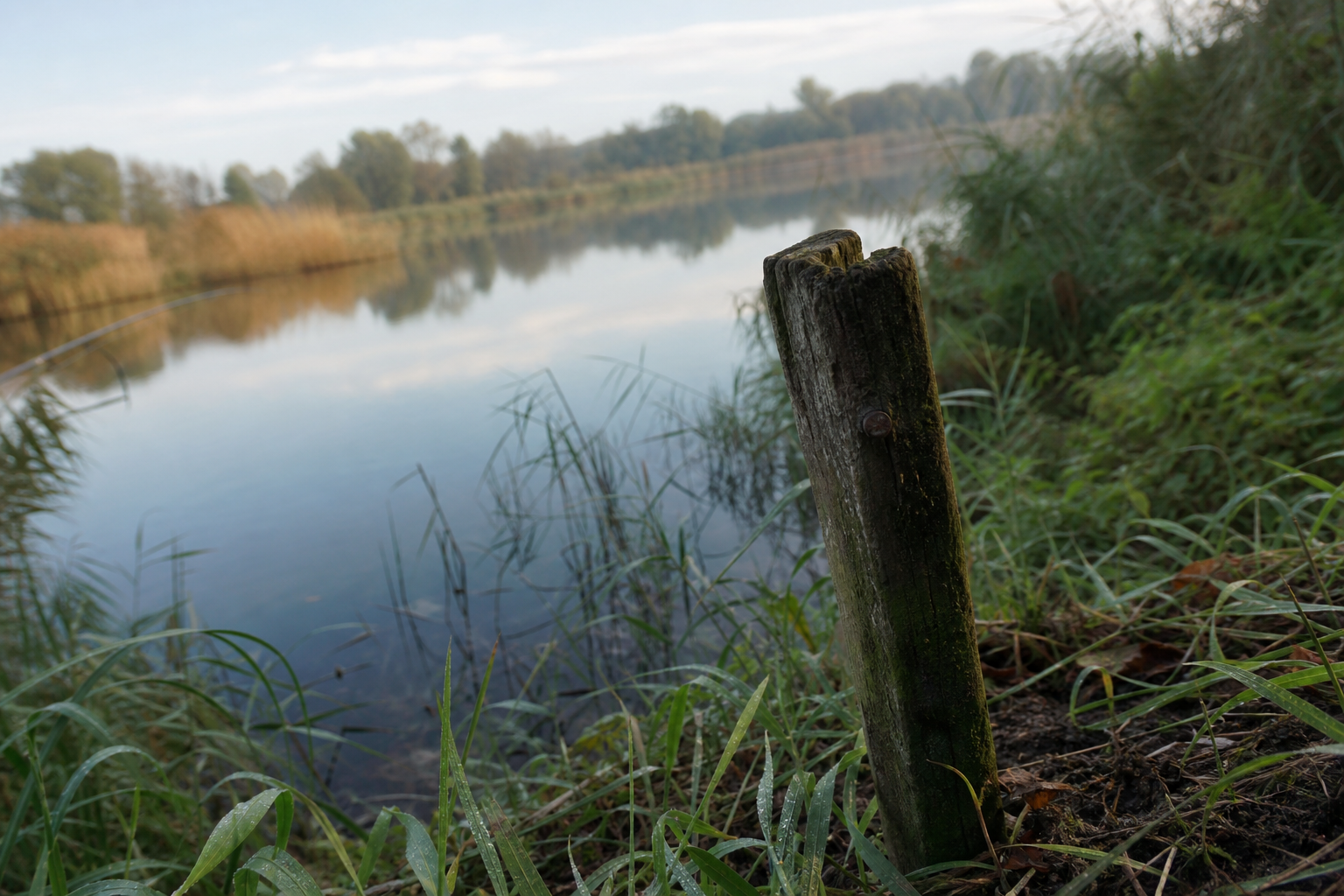 A wooden fishing peg beside a calm lake surrounded by low reeds and green bankside vegetation