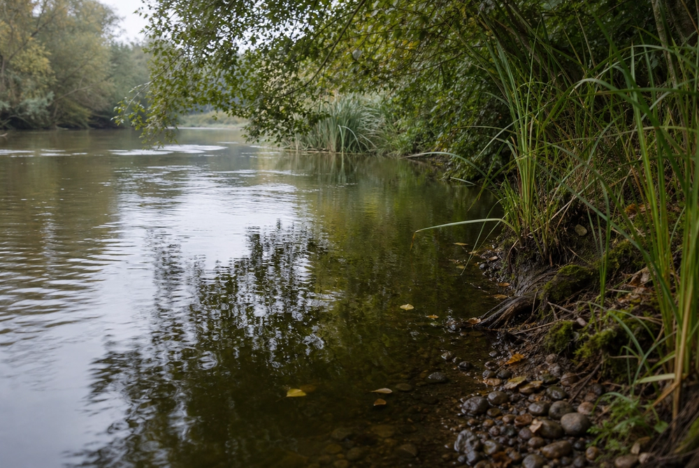Calm river glide with overhanging trees and reeds on the bank