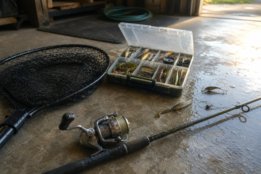 Landing net, rod, reel and tackle box drying on a garage floor after a fishing session.
