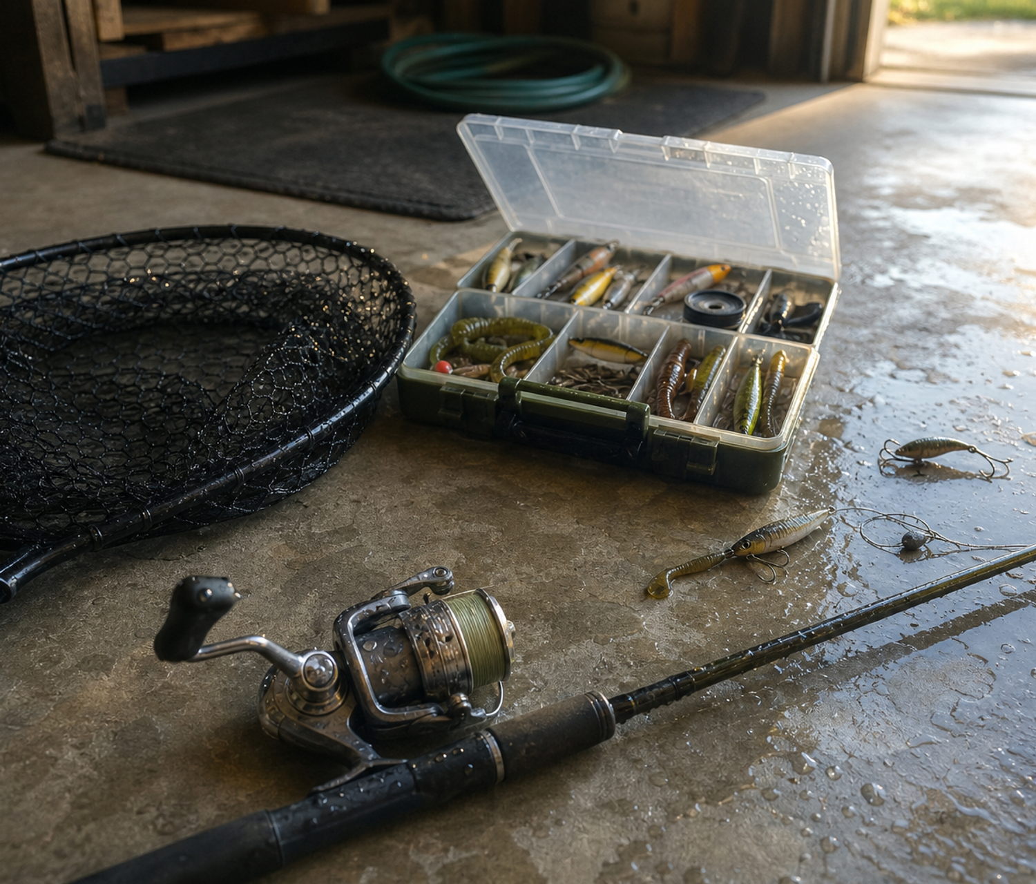 Landing net, rod, reel and tackle box drying on a garage floor after a fishing session.