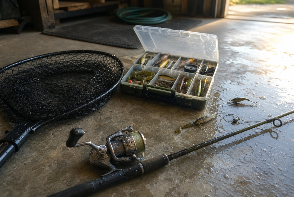 Landing net, rod, reel and tackle box drying on a garage floor after a fishing session.