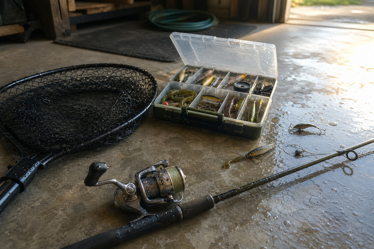 Landing net, rod, reel and tackle box drying on a garage floor after a fishing session.
