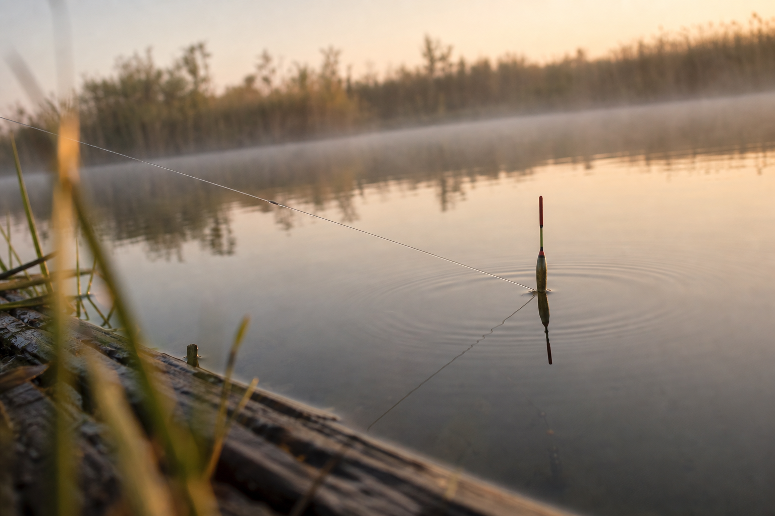A float fishing setup with line running to a waggler float on calm water surface