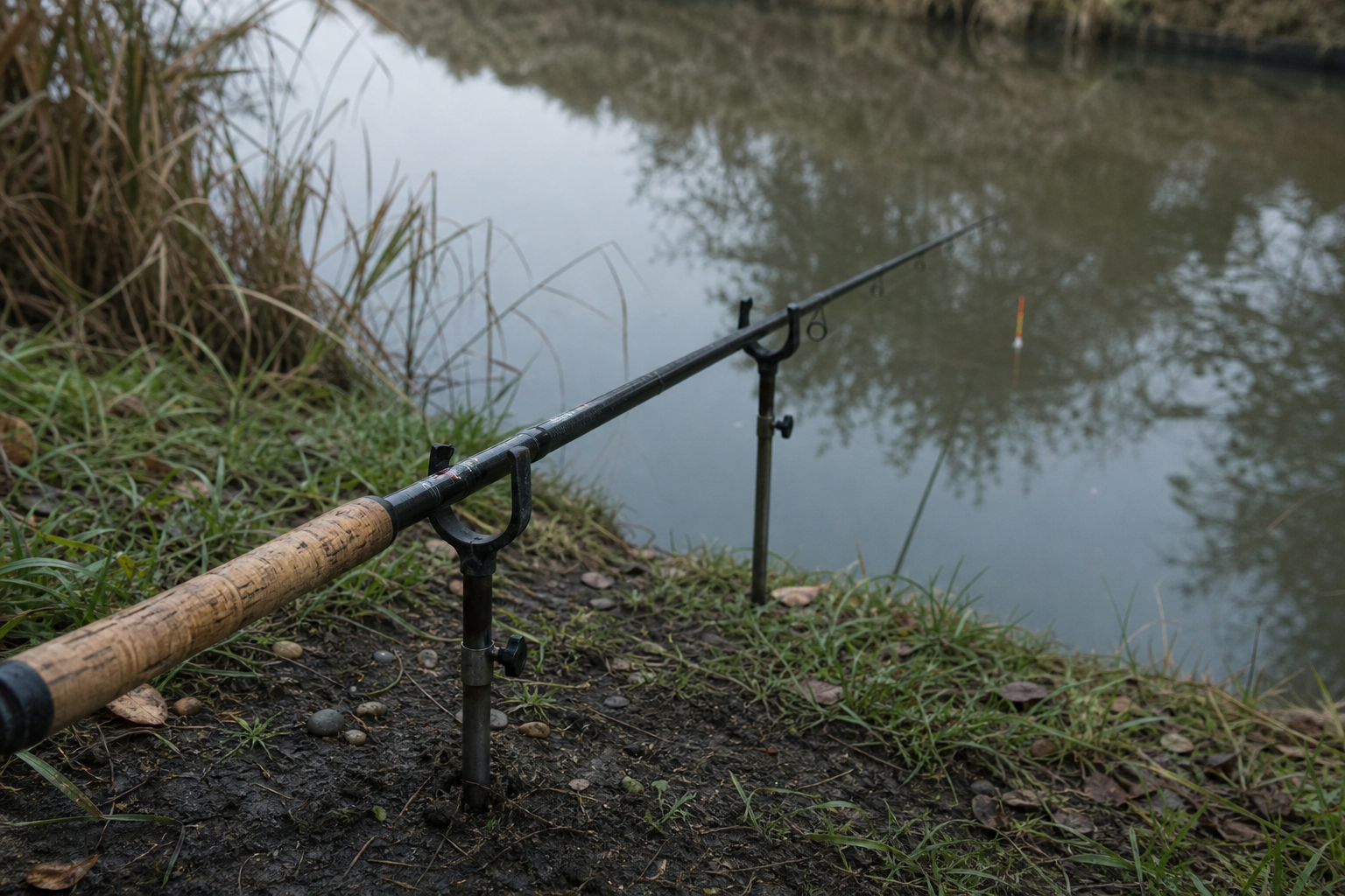 A float fishing rod resting on rod rests beside a quiet canal bank.