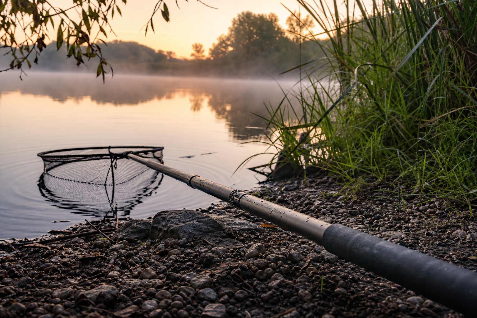 A telescopic landing net handle fully extended beside a still lake