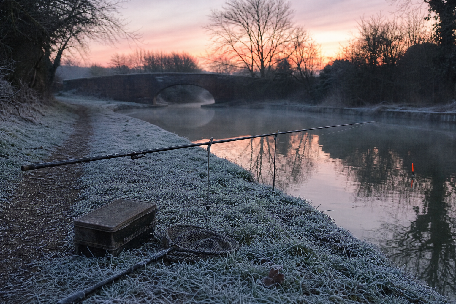 A frosty canal towpath at dawn with a float rod resting on two rod rests at the water's edge, an orange-tipped float in the still water, a tackle box and landing net on the frosted grass, and mist, bare trees and a brick bridge behind under a pink sunrise sky