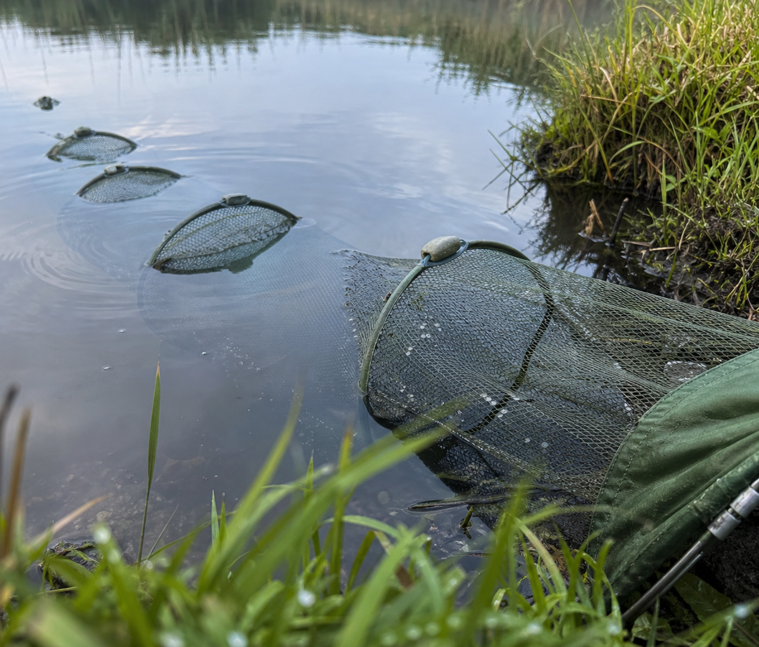 A green keepnet fully extended in calm lake water beside a grass bank