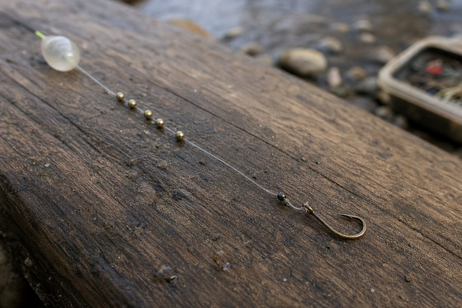 A float rig laid flat showing split shot arrangement and a small tell-tale shot near the hook