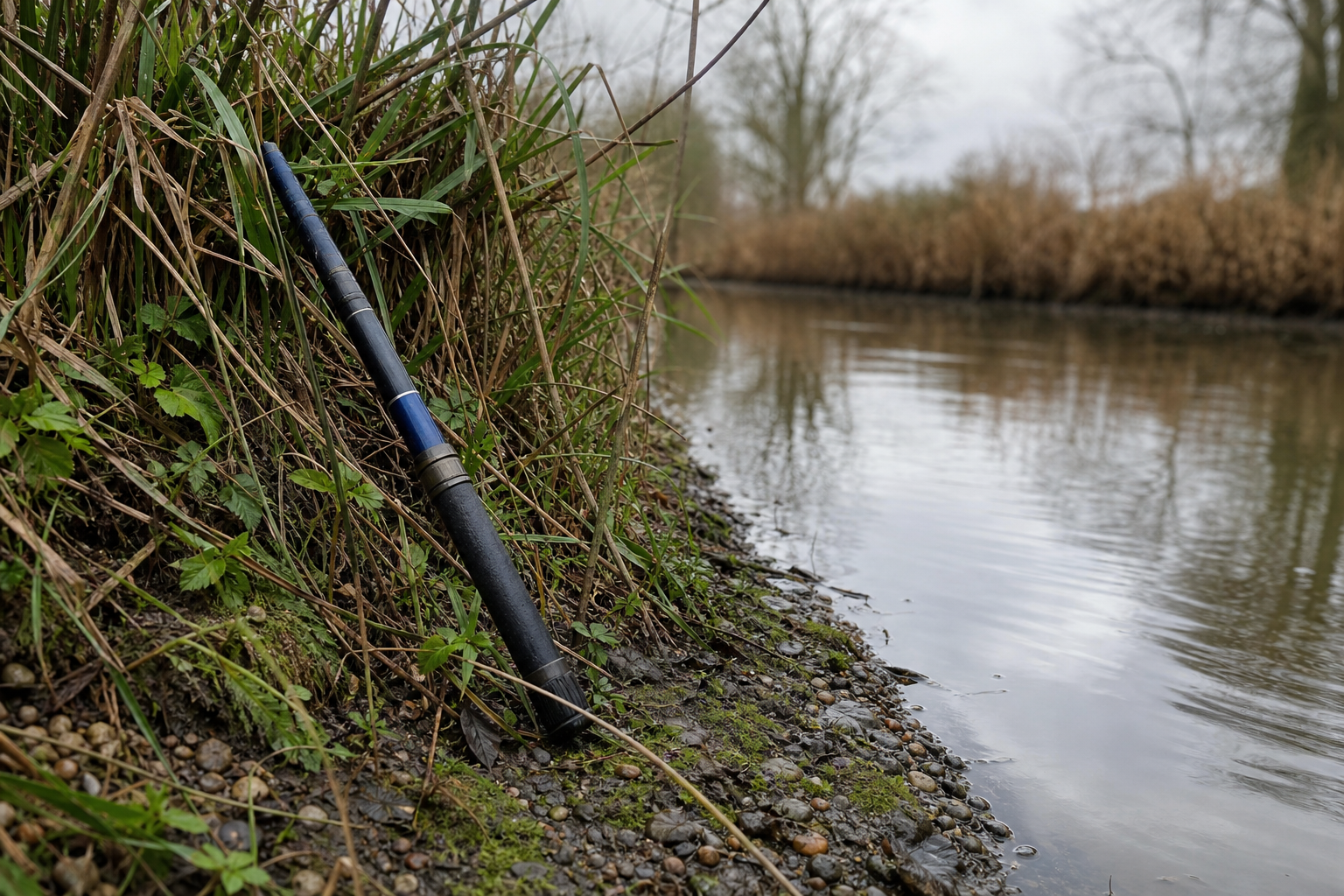A short fishing whip propped against low vegetation at the edge of a narrow canal