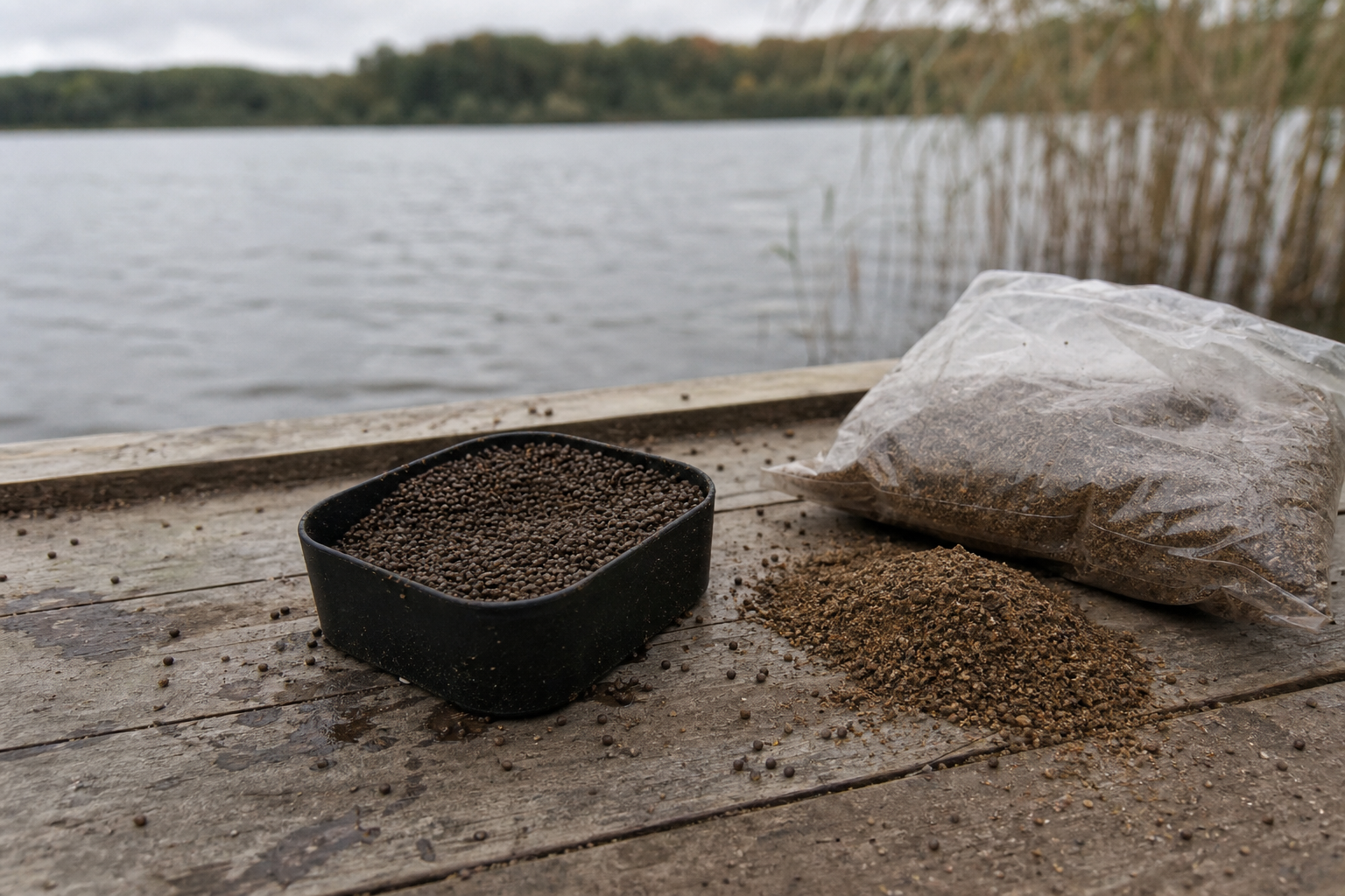 A bait tub of dampened micro pellets and a bag of method groundbait on a wooden platform beside a lake