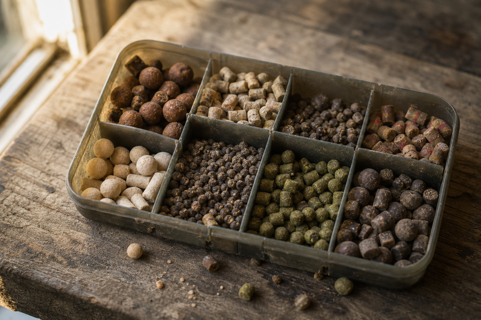 Assorted wafters and hard pellets in a divided tackle tray on a wooden surface