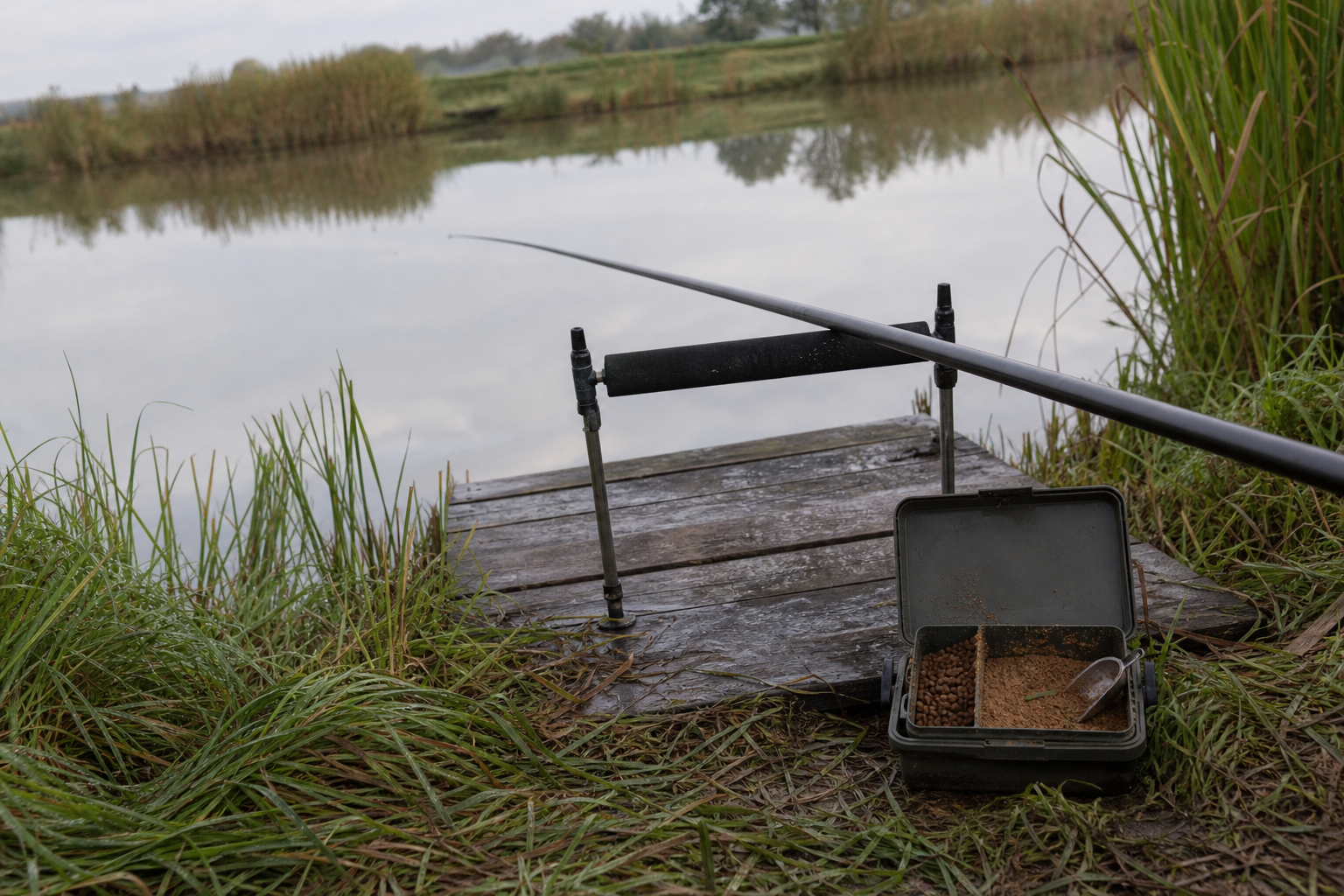 A fishing peg on a commercial lake with a pole roller and bait box on a grassy bank