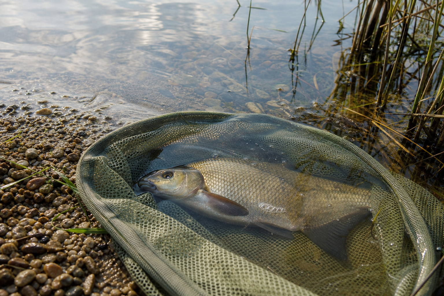 A small bream being lowered gently into shallow clear water at a lake margin