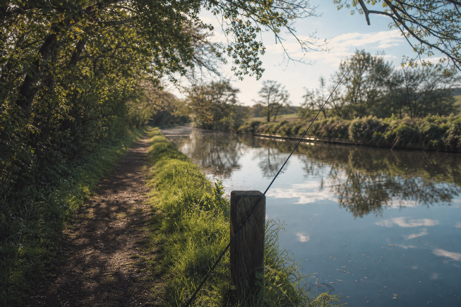 A quiet canal towpath with overhanging trees and calm water reflecting the sky