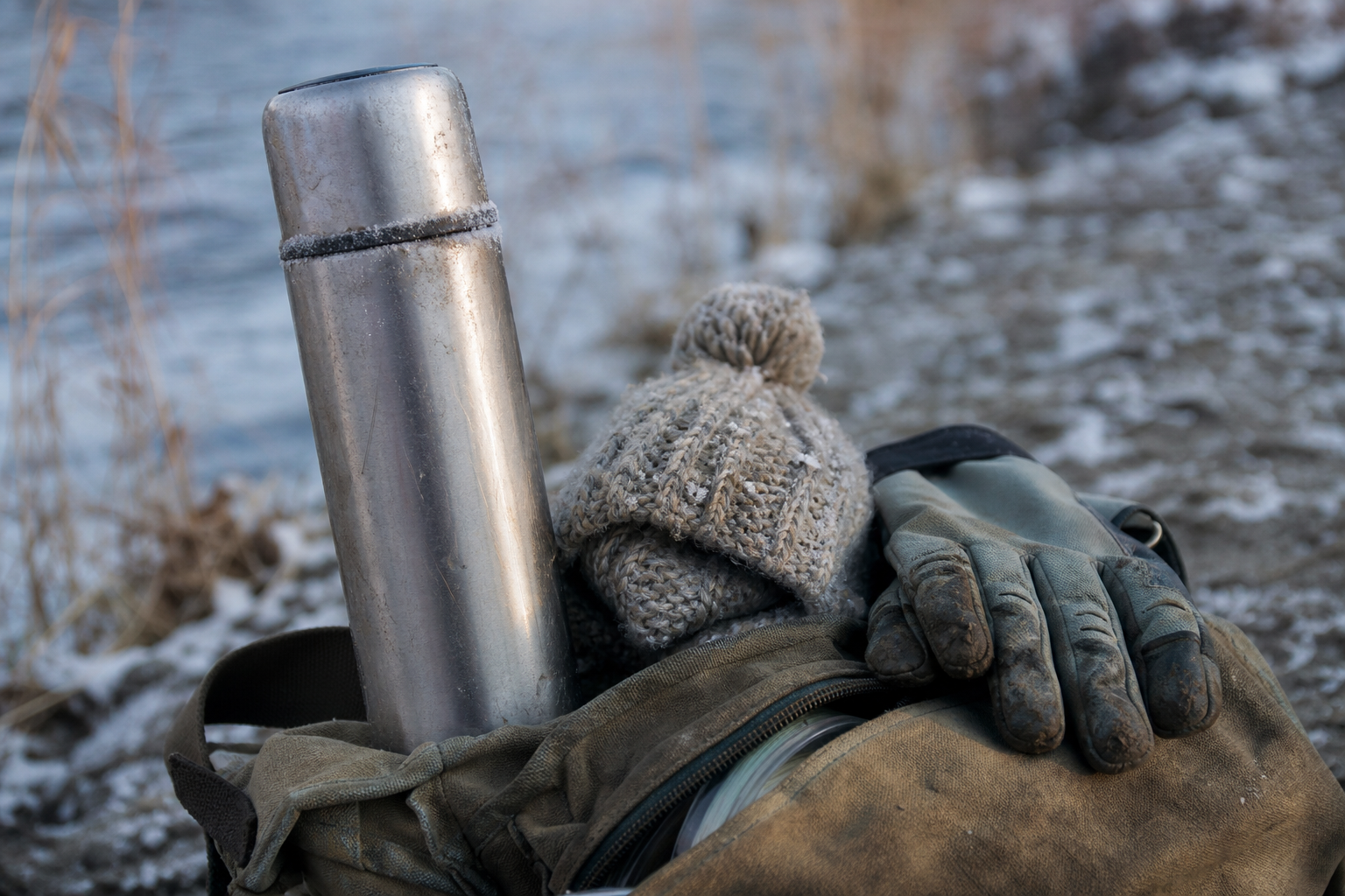 Close-up of a thermos flask, woolly hat and fishing gloves resting on a tackle bag in winter light