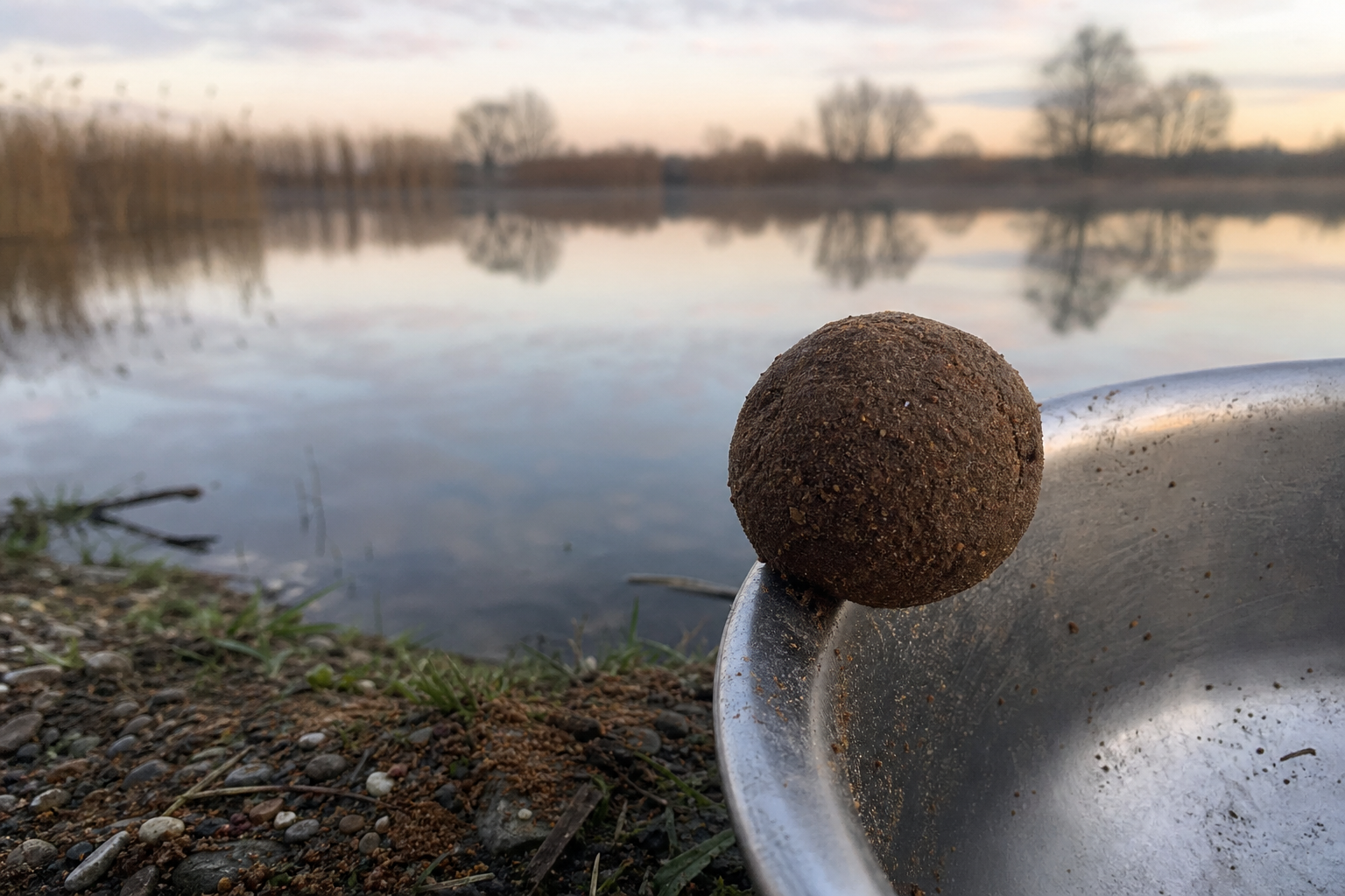 A firm ball of dark groundbait resting on the edge of a mixing bowl beside a still lake.