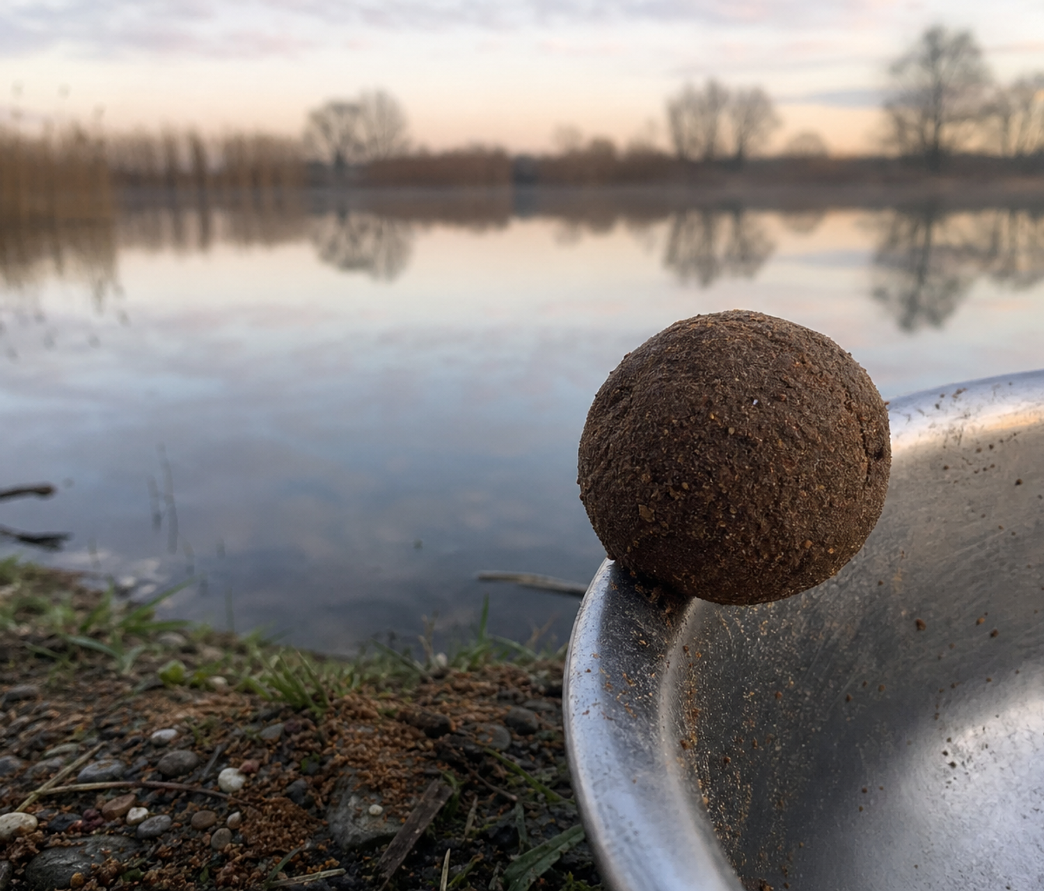 A firm ball of dark groundbait resting on the edge of a mixing bowl beside a still lake.