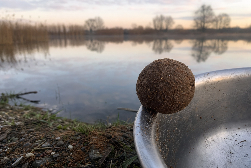 A firm ball of dark groundbait resting on the edge of a mixing bowl beside a still lake.