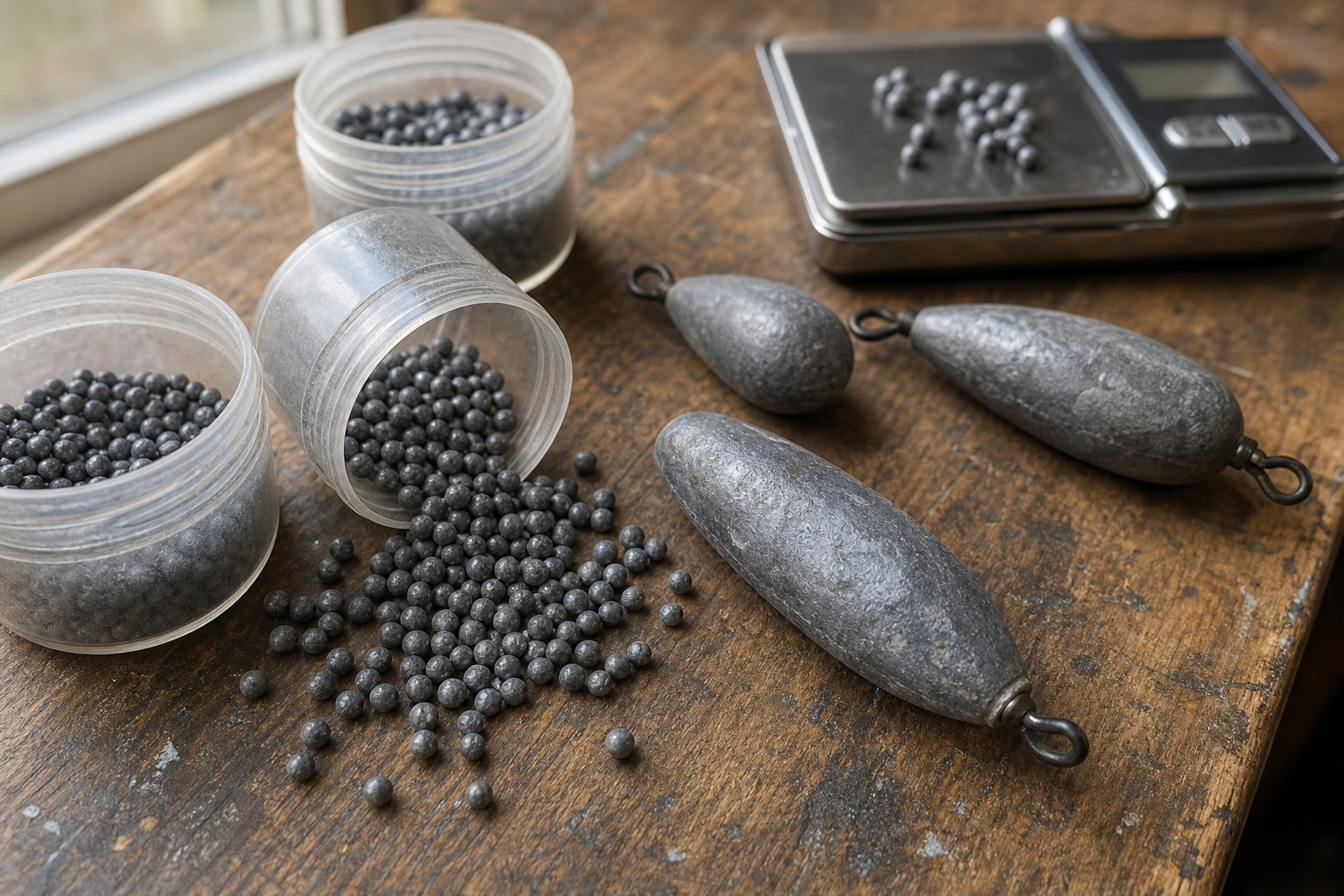 Close-up of dust shot containers and large leger weights beside a small measuring scale