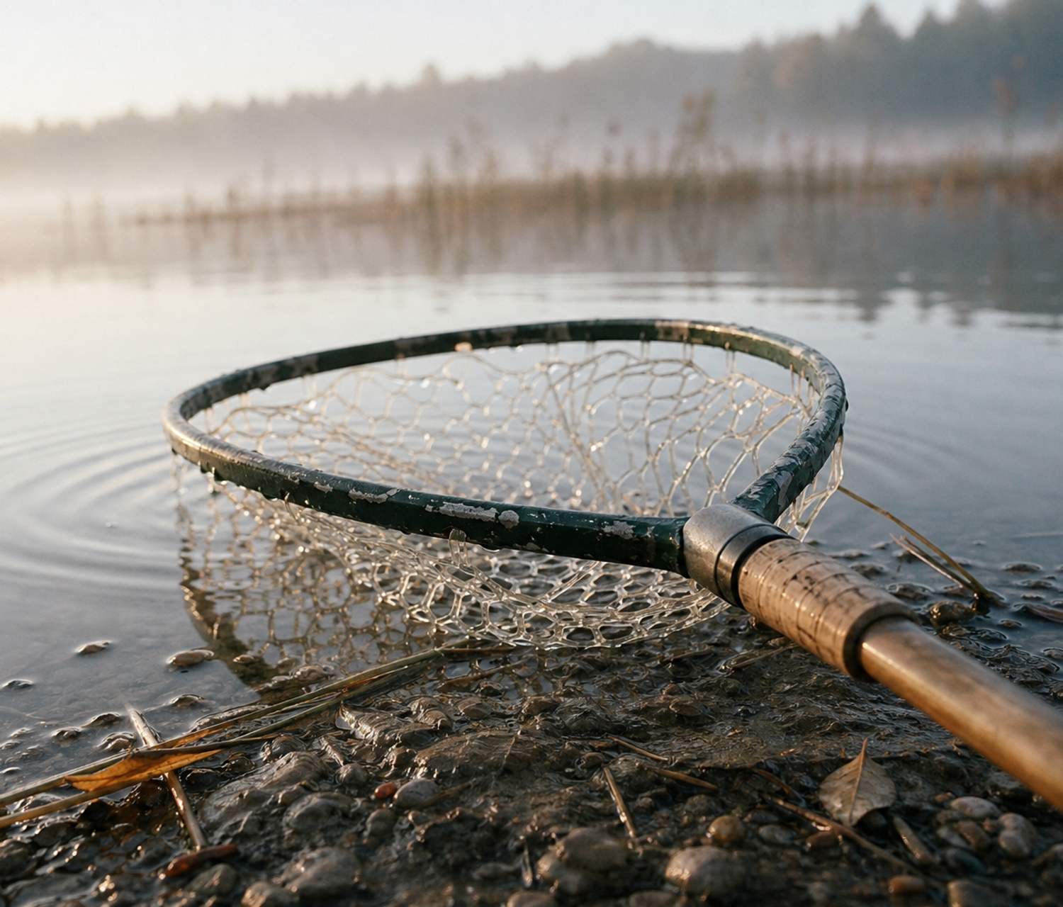 Knotless mesh landing net resting at the edge of a calm stillwater lake.