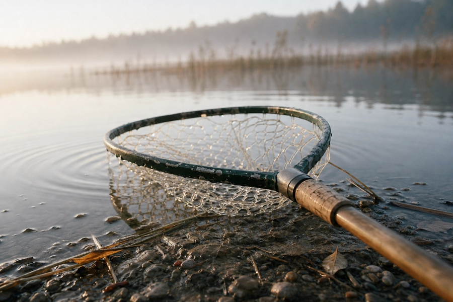 Knotless mesh landing net resting at the edge of a calm stillwater lake.