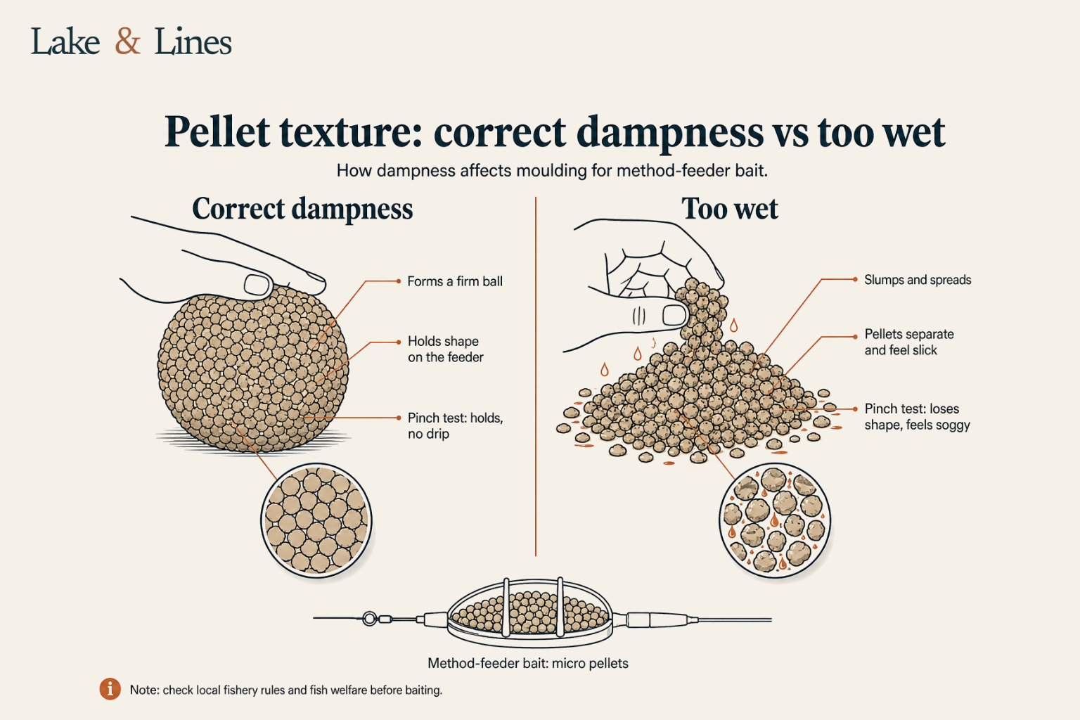 Side-by-side view of correctly dampened micro pellets forming a firm ball next to over-wet pellets that slump
