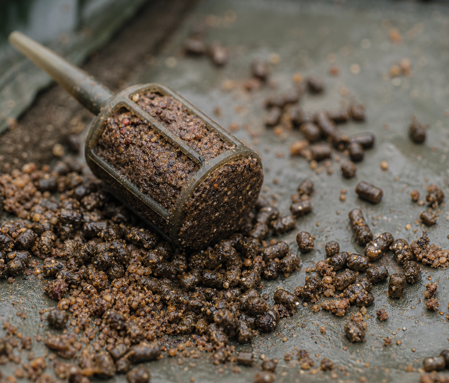 Close-up of a loaded method feeder surrounded by dampened micro pellets on a mat