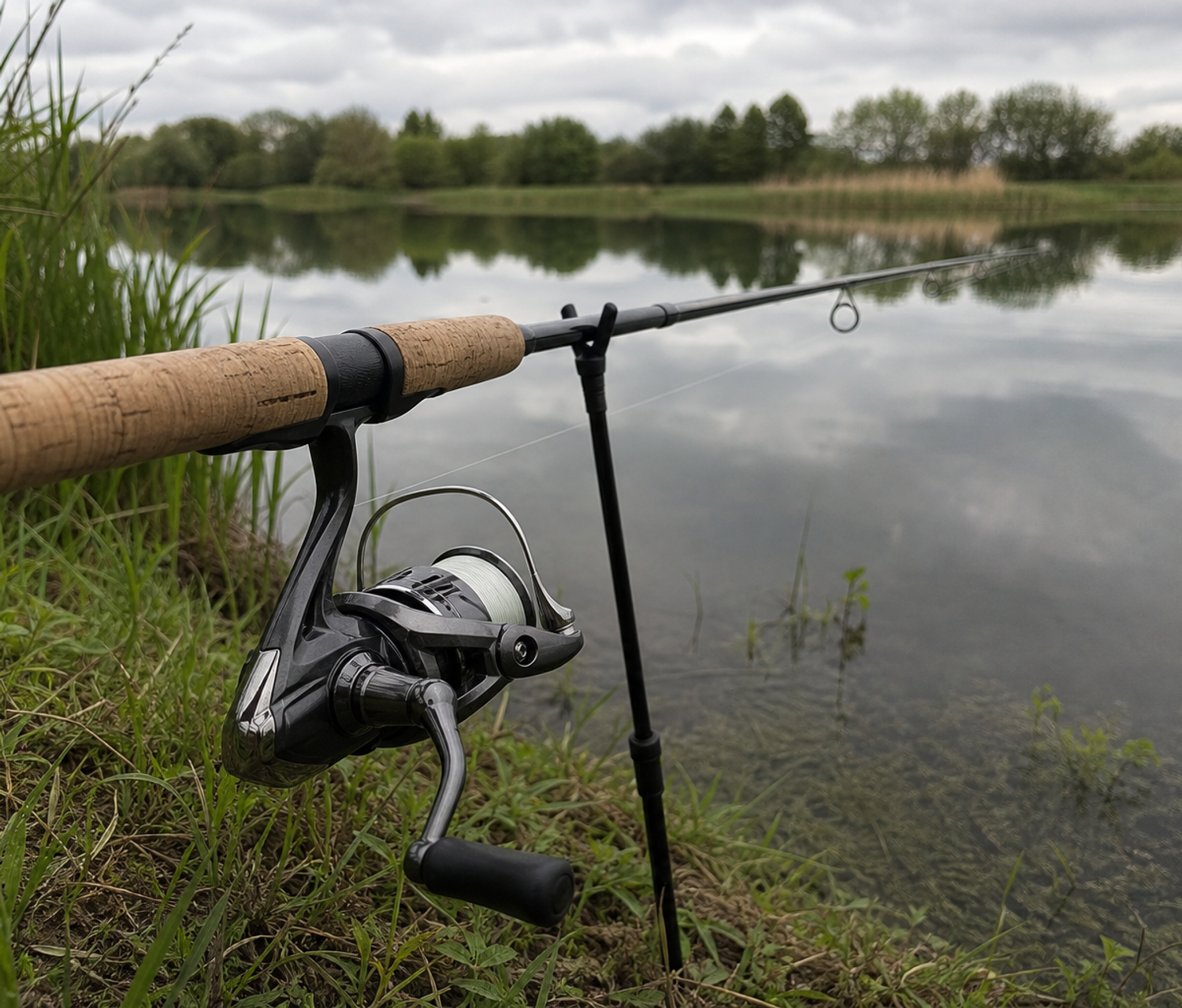 A fixed-spool match reel on a float rod, resting on a rod rest at the grassy edge of a still lake