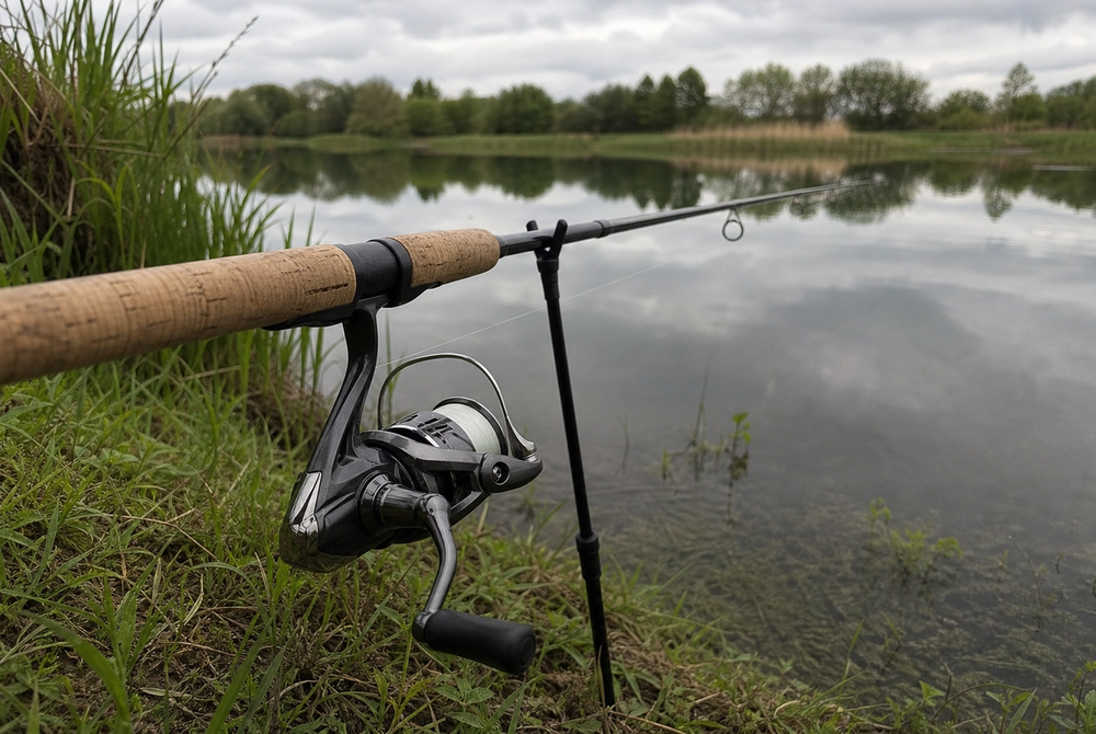 A fixed-spool match reel on a float rod, resting on a rod rest at the grassy edge of a still lake