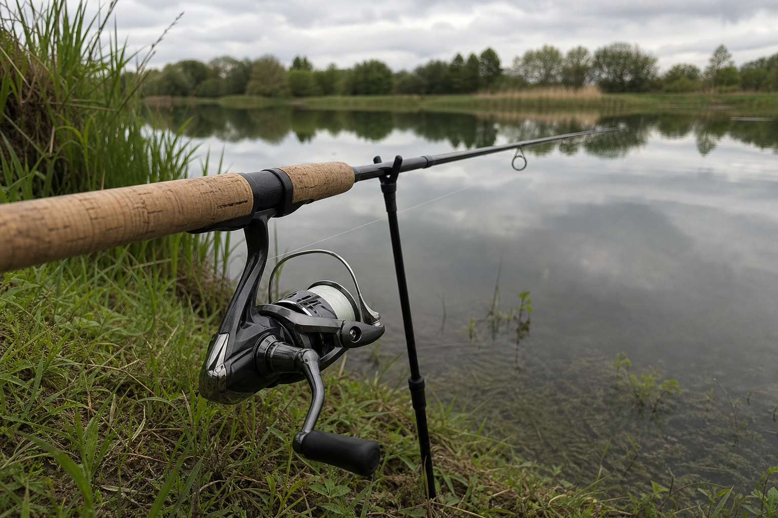 A fixed-spool match reel on a float rod, resting on a rod rest at the grassy edge of a still lake