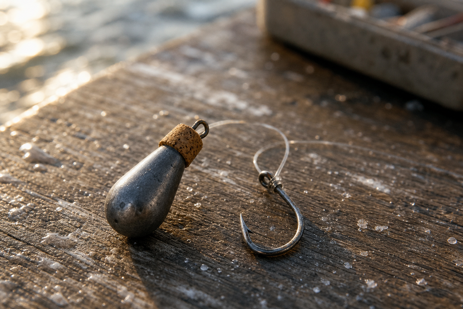 Close-up of a small plummet with cork insert resting beside a fishing hook