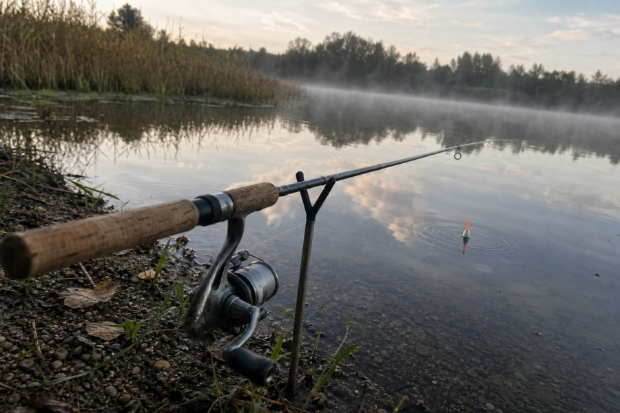 A float rod resting on a rod rest beside a calm stillwater lake