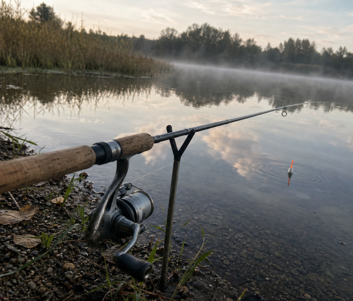 A float rod resting on a rod rest beside a calm stillwater lake