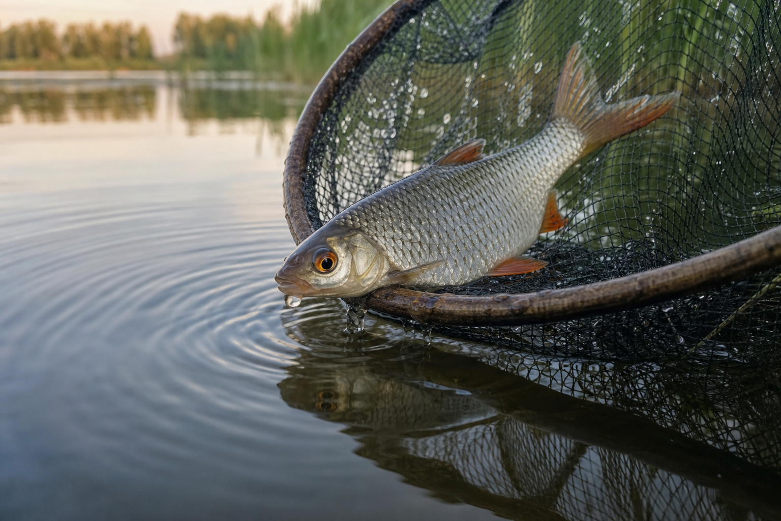 A small roach fish held close to the surface of calm water being released.