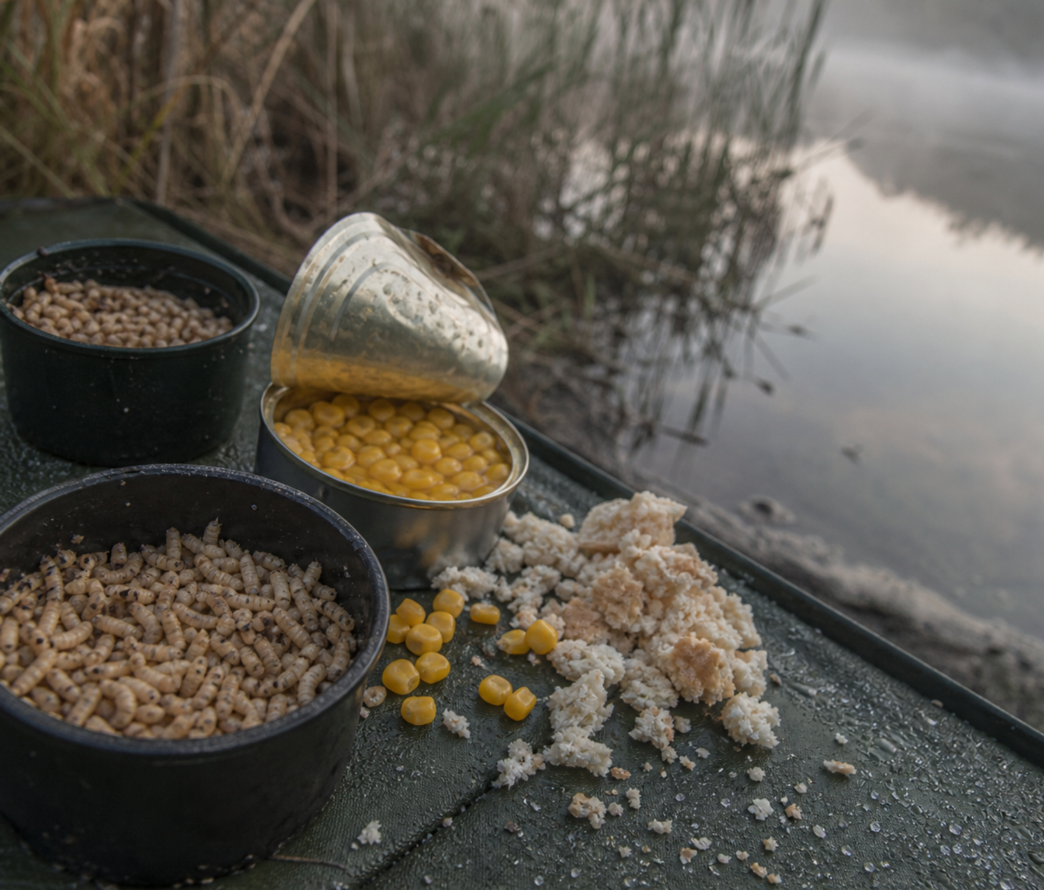 Small pots of maggots, a tin of sweetcorn and bread flake on a damp fishing mat beside still water