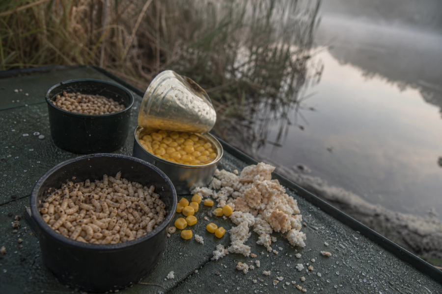 Small pots of maggots, a tin of sweetcorn and bread flake on a damp fishing mat beside still water