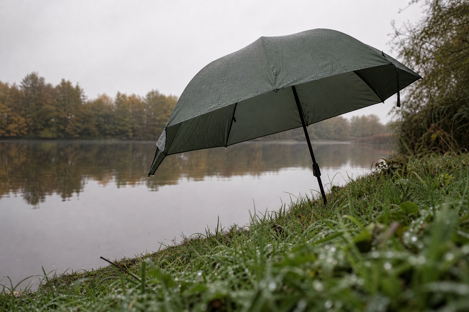 Green fishing umbrella pitched on a grassy stillwater bank in overcast light