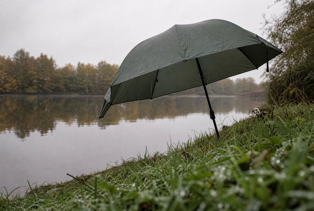 Green fishing umbrella pitched on a grassy stillwater bank in overcast light