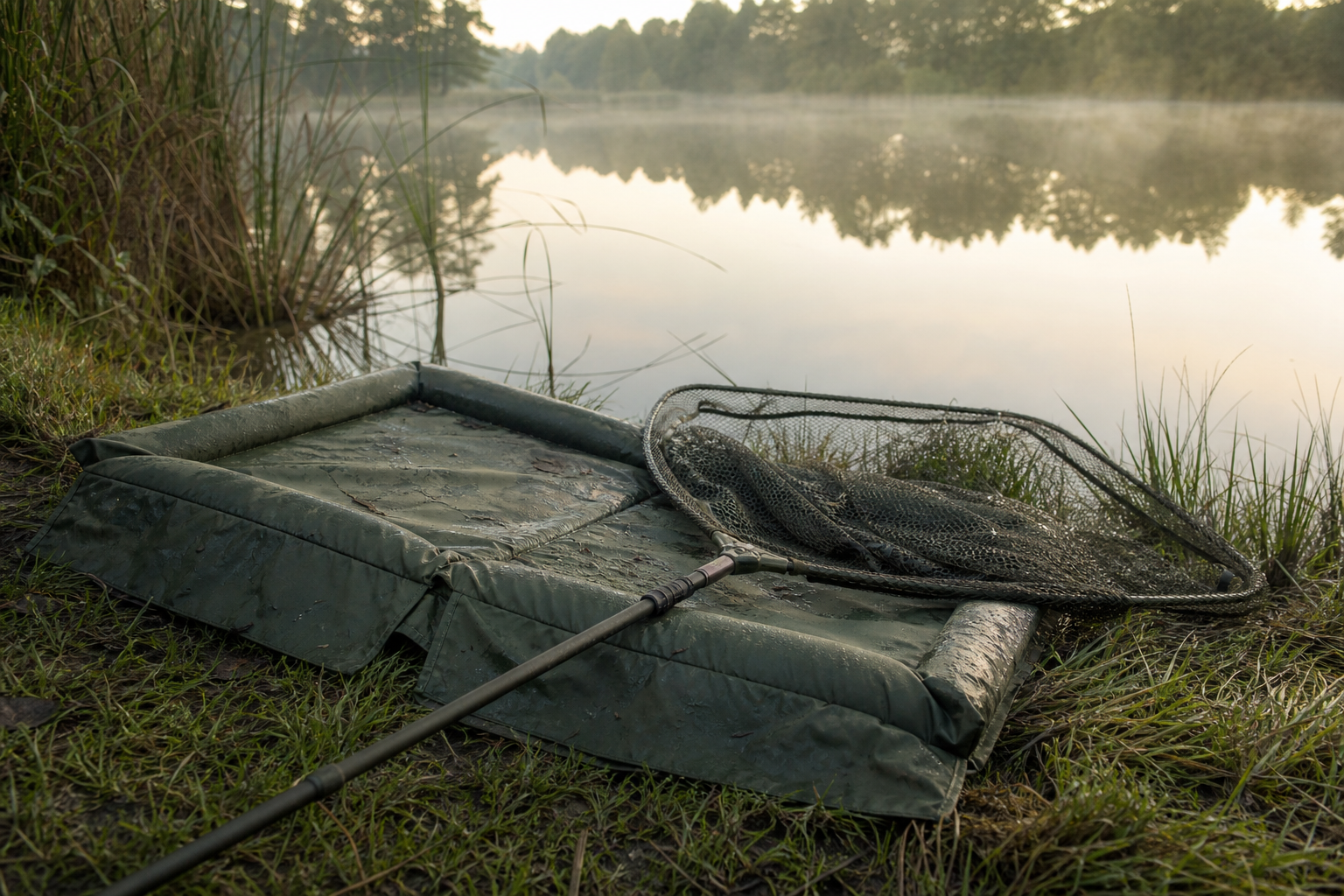 Green unhooking mat and landing net laid out on grass beside a still lake
