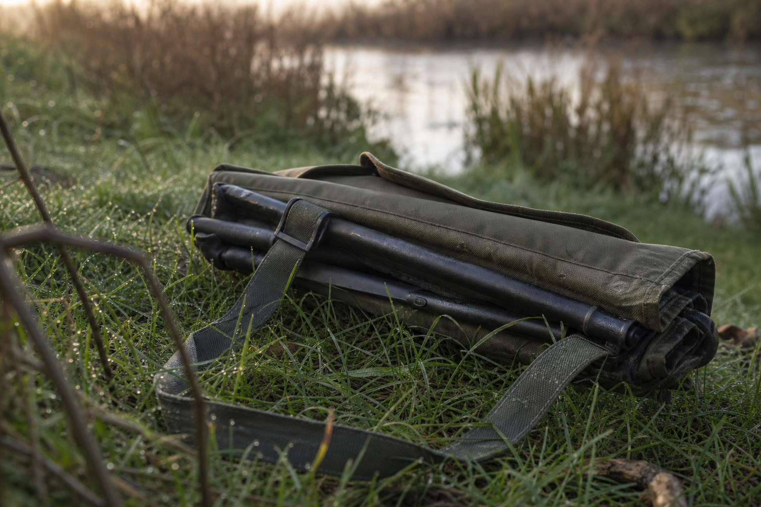 A compact folded fishing chair with a shoulder carry strap lying on grass