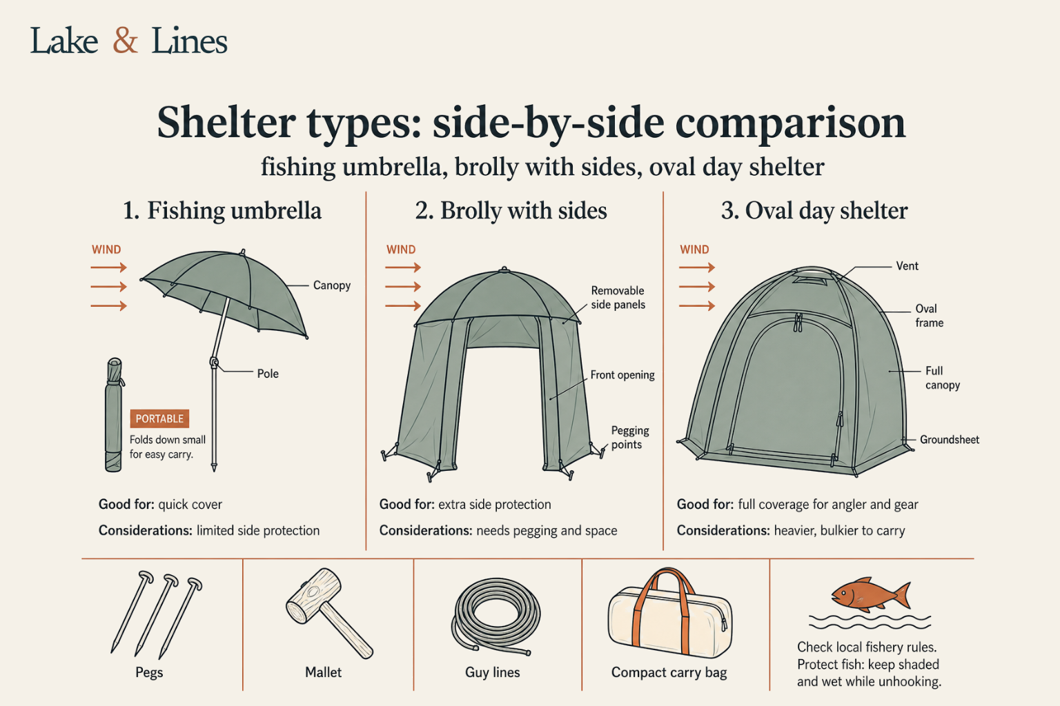 Infographic comparing three fishing shelter types side by side: a fishing umbrella on a single pole with no sides, a brolly with removable side panels and a front opening, and an oval day shelter with a full canopy and groundsheet, above a row of pegs, mallet, guy lines and a compact carry bag, with a reminder to check fishery rules and protect fish