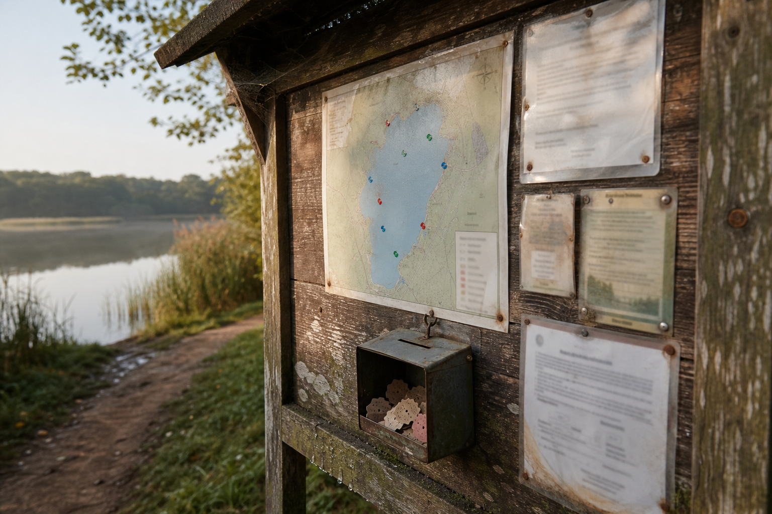 Wooden fishery notice board with rules and peg map displayed at a lake entrance