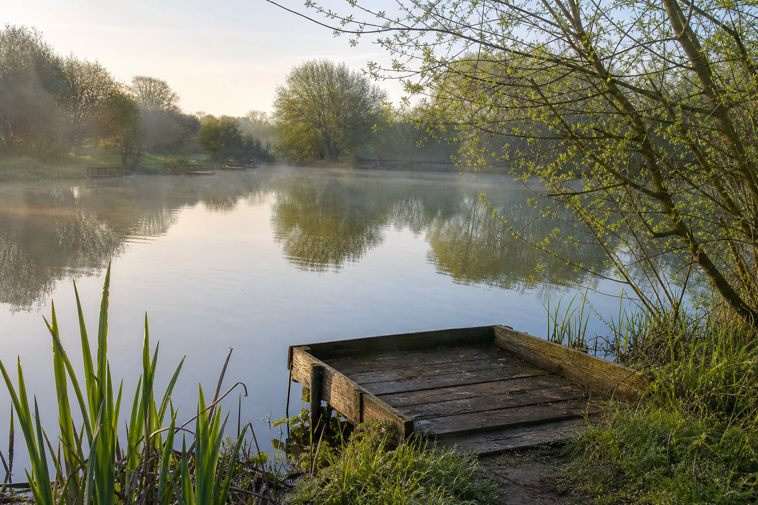 A calm stillwater fishing lake in spring, with a wooden peg at the water's edge and fresh green leaves on the trees