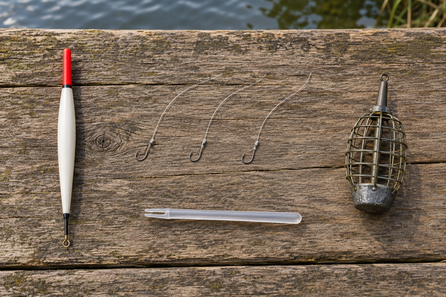 Float, hooks, disgorger and small feeder arranged on a wooden surface.