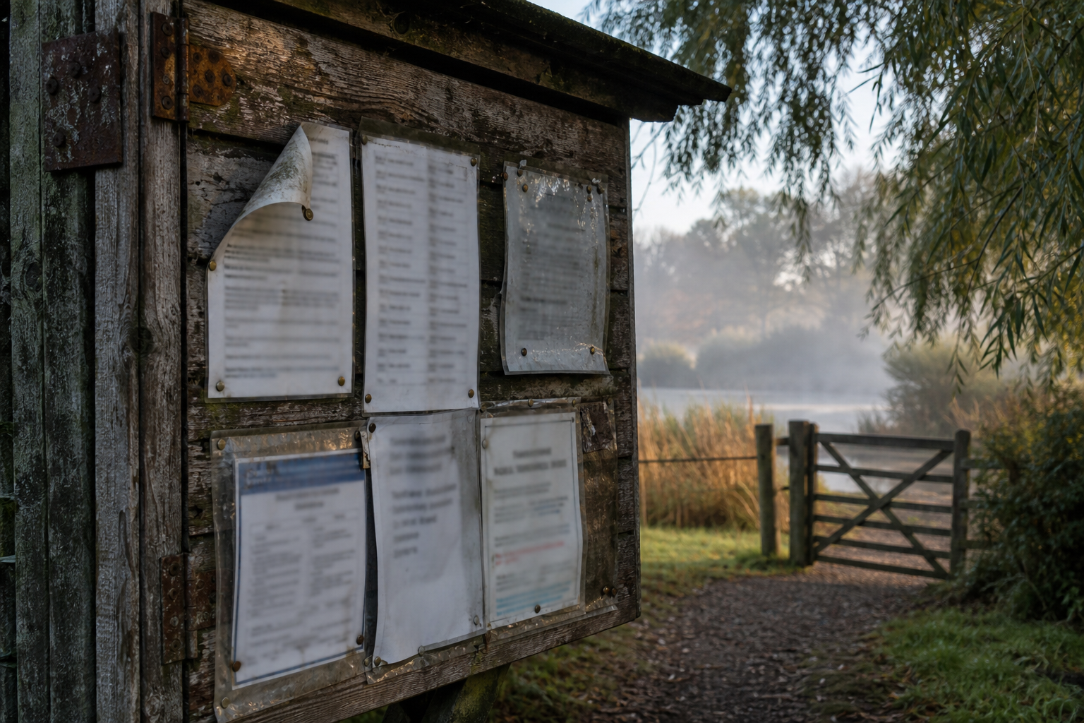 Wooden noticeboard with printed fishing rules posted at a freshwater fishery entrance
