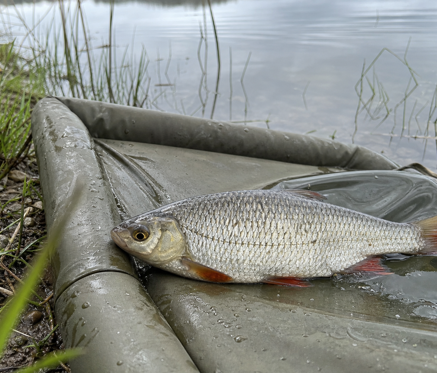 A roach resting on a wet unhooking mat at the edge of a stillwater