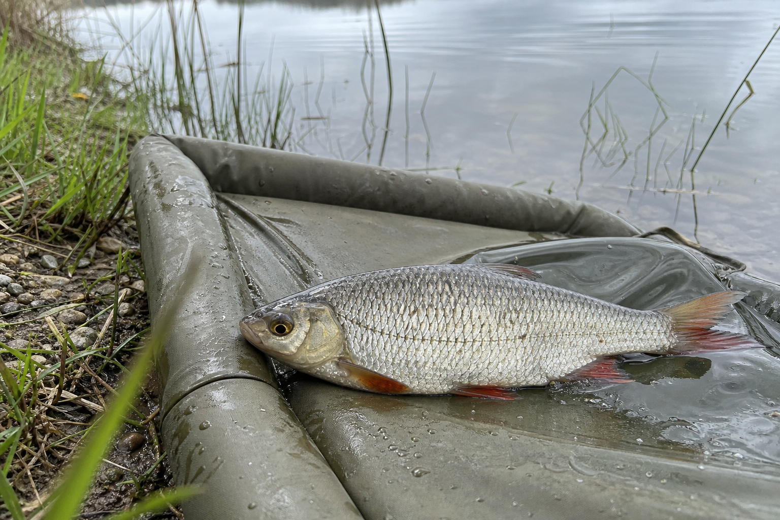 A roach resting on a wet unhooking mat at the edge of a stillwater