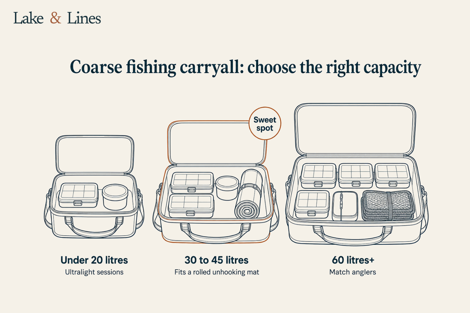 Infographic comparing coarse fishing carryall sizes: under 20 litres for ultralight sessions, 30 to 45 litres as the sweet spot that fits a rolled unhooking mat, and 60 litres+ for match anglers